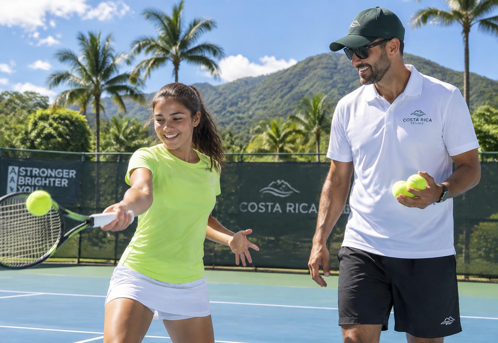 Entrenador dando clase de tenis a una jugadora juvenil en Heredia